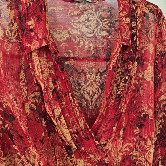 Catherines Sheer Tunic Top 2X Plus Womens 3/4 Sleeve Orange Paisely Open Front - Picture 6 of 15